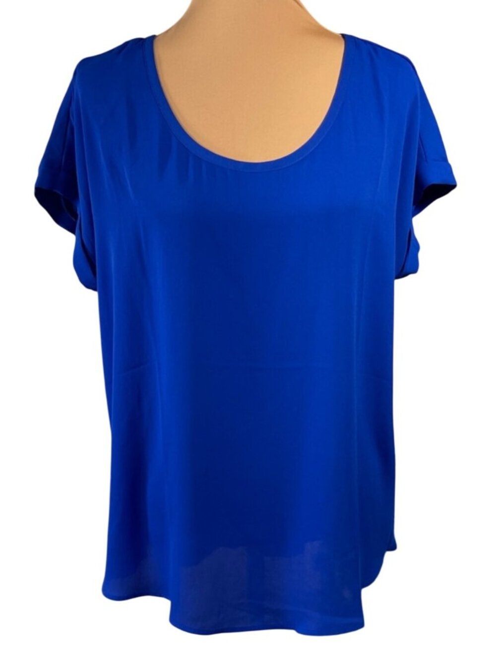 New Pleione Top Blouse Royal Blue  Size L Large Scoop Neck Short Sleeve